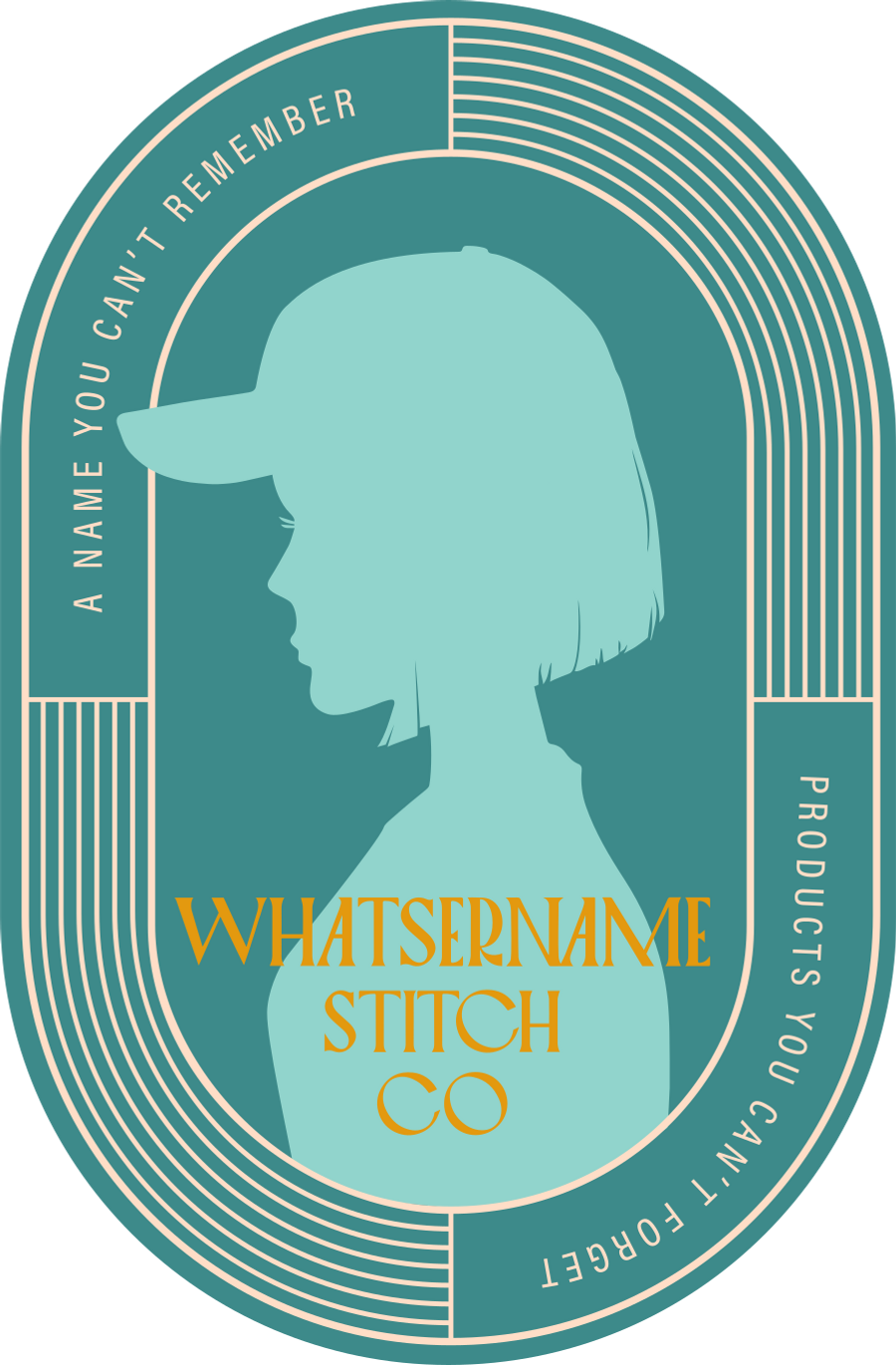 A teal-colored logo featuring a silhouette of a woman with short hair and a hat, surrounded by circular text that reads 'A NAME YOU CAN'T REMEMBER' at the top and 'PRODUCTS YOU CAN'T FORGET' at the bottom, with the placeholder text 'WHATSERNAME STITCH CO' in orange in the center.
