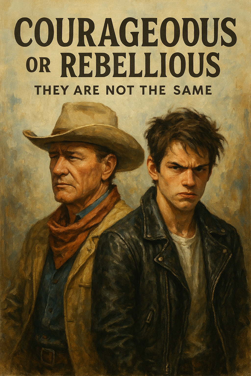Painting of an older man wearing a cowboy hat and a scarf, and a young man with messy hair and a leather jacket, with the text 'Courageous or Rebellious, They Are Not The Same' at the top.