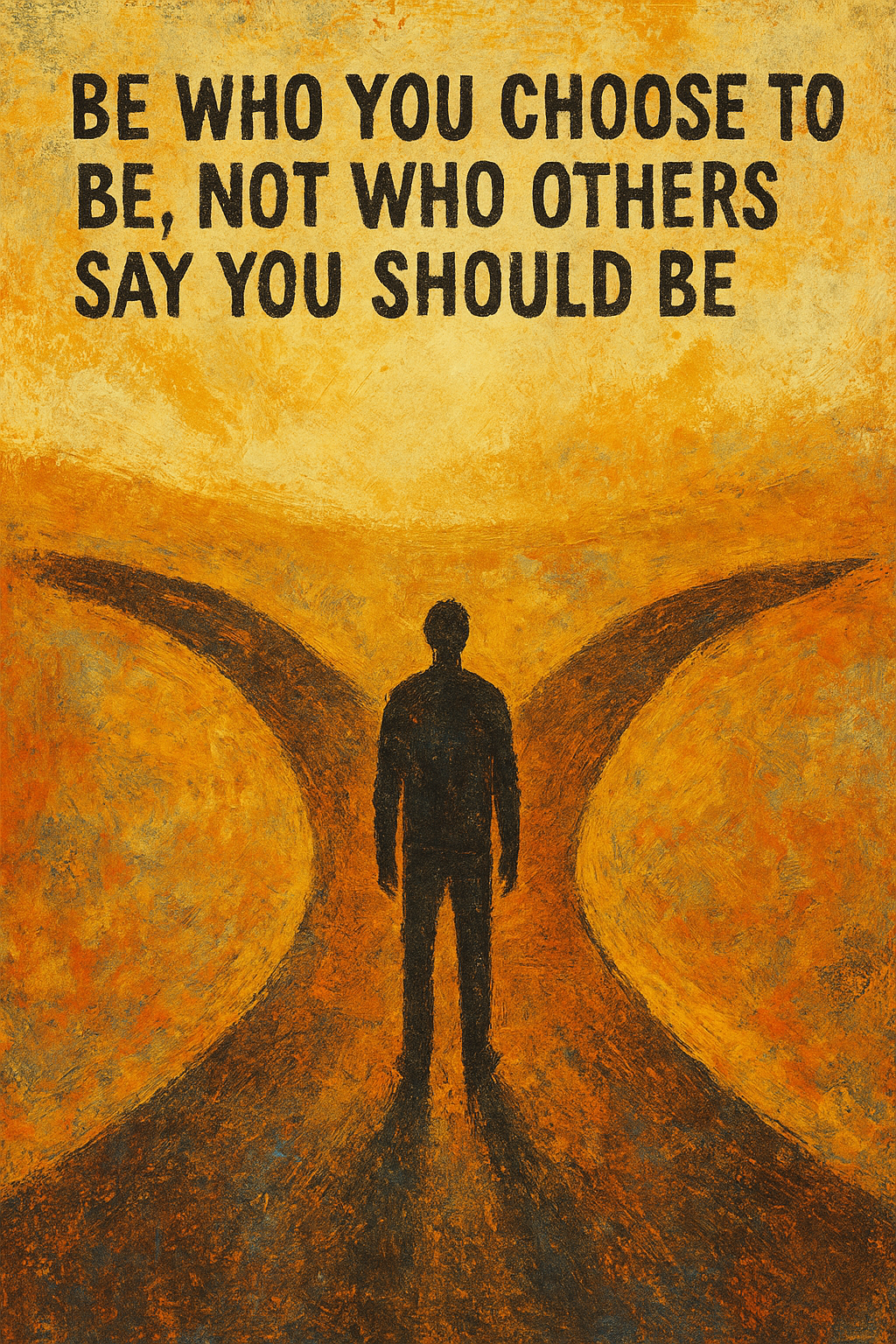 Inspirational quote board with silhouette of a person at a fork in the road, against a warm, textured orange background. The quote reads: 'Be who you choose to be, not who others say you should be.'