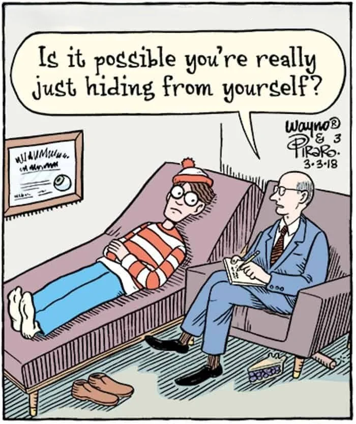 Cartoon of a man dressed in a red and white striped outfit lying on a psychiatrist's couch. The psychiatrist, in a blue suit, is taking notes and saying, "Is it possible you're really just hiding from yourself?"
