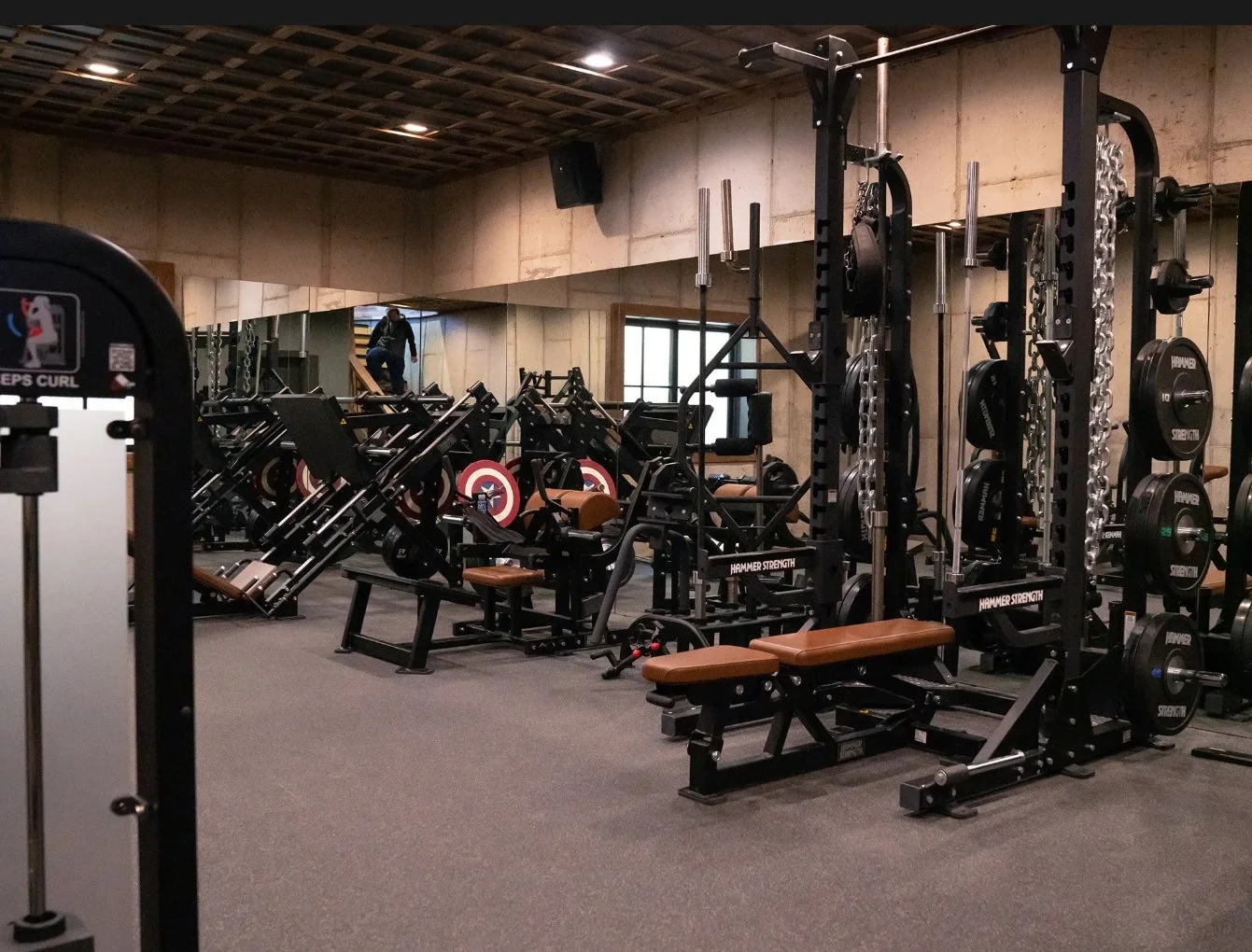 Gym with weightlifting equipment, including benches, racks, and weight machines, in a spacious room with mirrors and wooden ceiling panels.