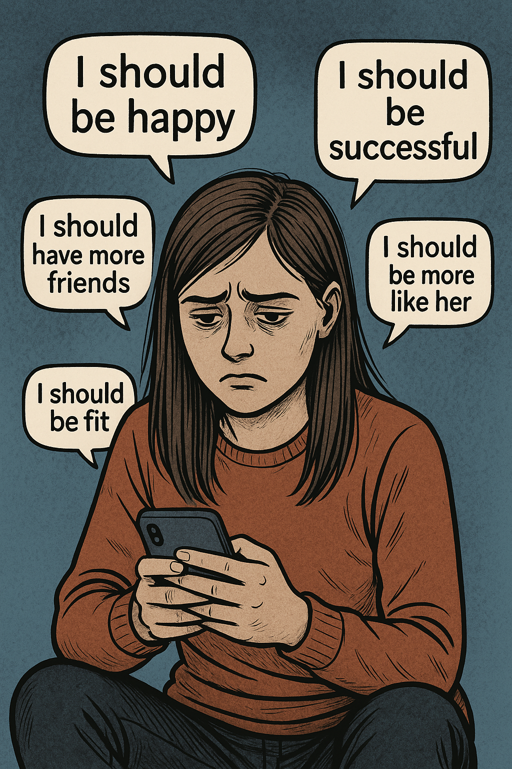 A sad woman is looking at her phone with several thought bubbles around her head, expressing feelings of inadequacy, such as wanting to be happy, successful, liked by someone, have more friends, and be fit.