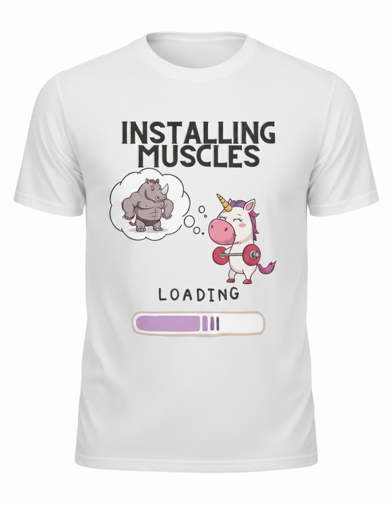 🦄 “Installing Muscles – Loading” Funny Gym Unicorn T-Shirt