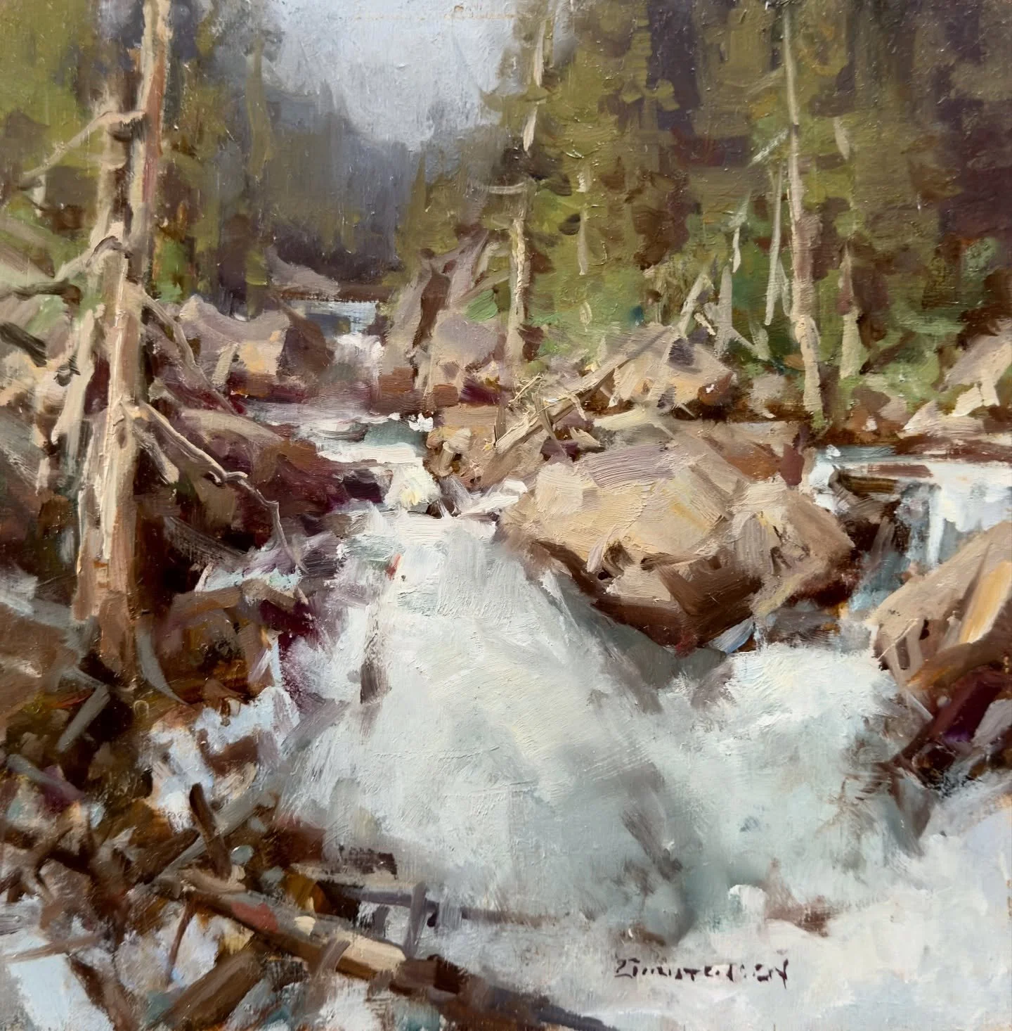 Lots of shapes, masses, and chaos to organize in this one. Keeping variety in here is a fun part of the process. This is a scene I continue to paint and study as I work through developing my ideas. 

&ldquo;Teton Creek North Fork&rdquo;
10x10, oil 
 