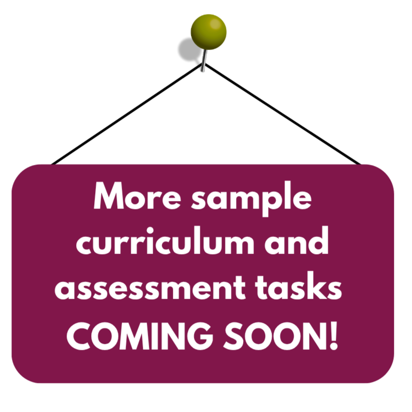 A digital illustration of a green pushpin at the top, above a purple rounded rectangle with white text that says, 'More sample curriculum and assessment tasks COMING SOON!'