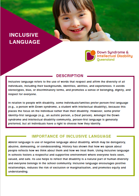 Inclusive language fact sheet with a girl with her thumbs up smiling, information about description and importance of inclusive language