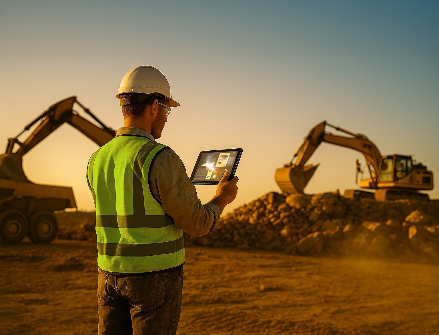 Site Supervisor in a hard hat and safety vest checking site operations on mobile device.
