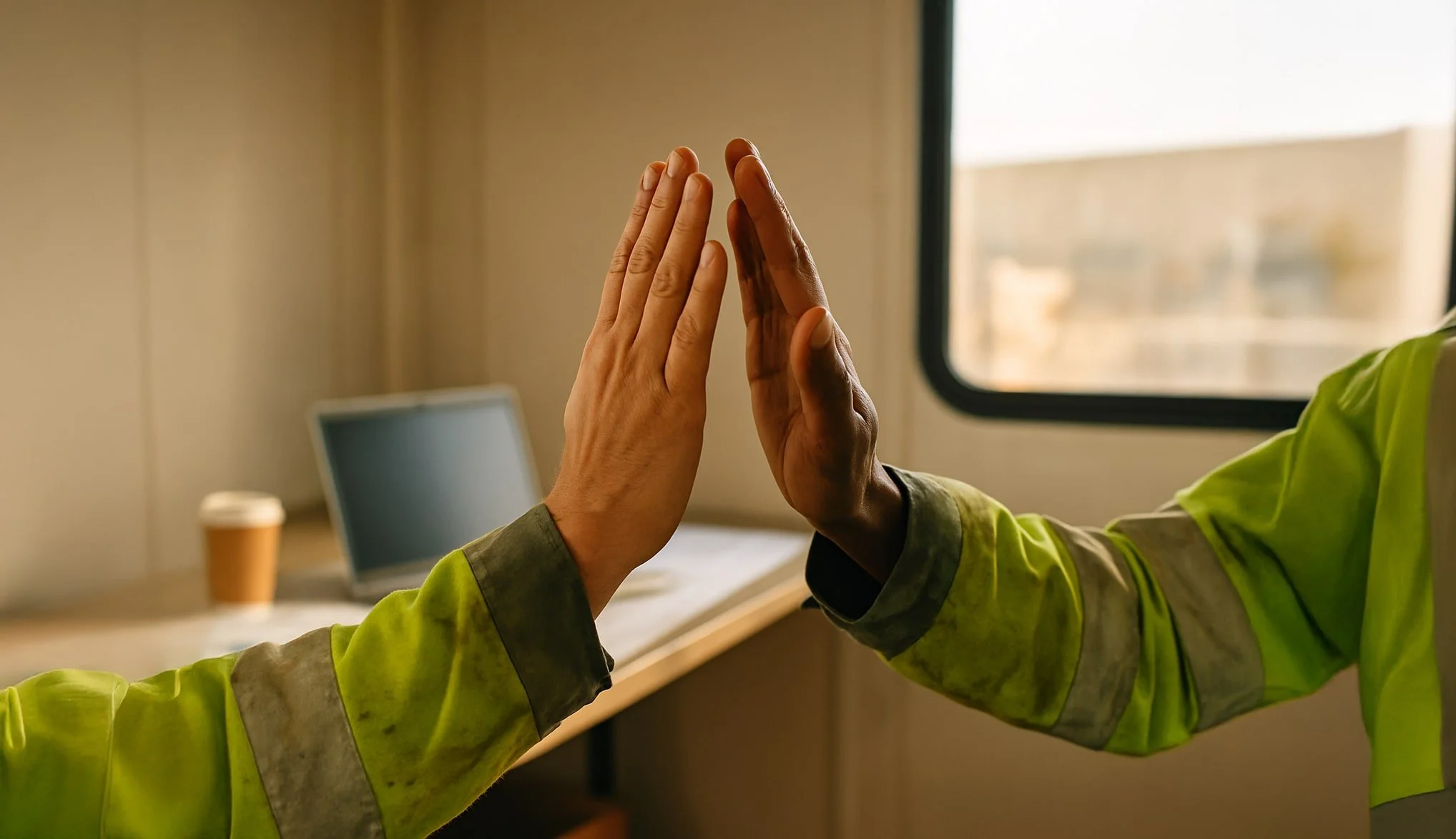 Two frontline workers in high-visibility jackets high-fiving inside a mobile office or worksite trailer.