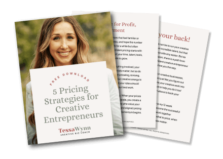 Image of 3 papers from free download PDF with front cover showing blonde woman smiling and text Free Download 5 Priicng Strategies for Creative Entrepreneurs