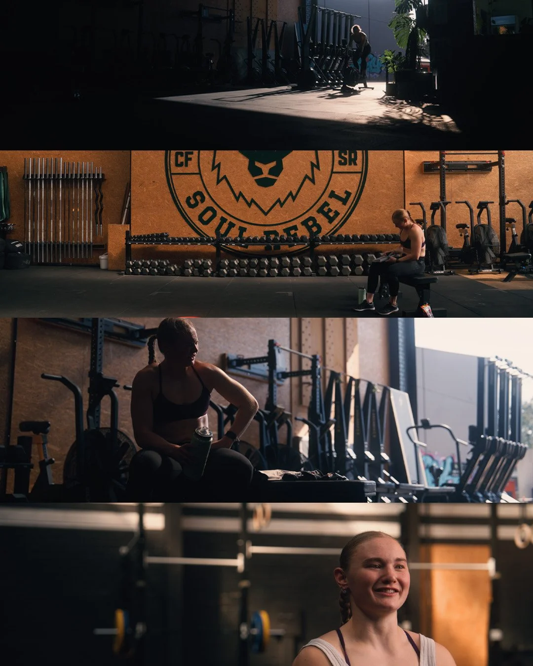 Top: Silhouette of a person doing a workout in a gym with large windows and sunlight. Middle: Woman sitting on a bench in a gym with weights and gym equipment in the background, logo on wall reads 'Soul Rebell'. Bottom: Woman in a gym resting or stretching, surrounded by gym equipment and weights, smiling.