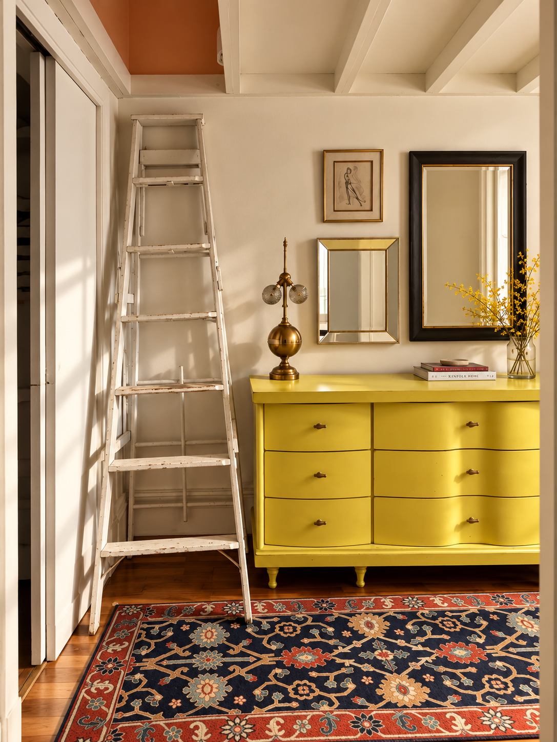 Eclectic Hallway with Chartreuse Dresser.png