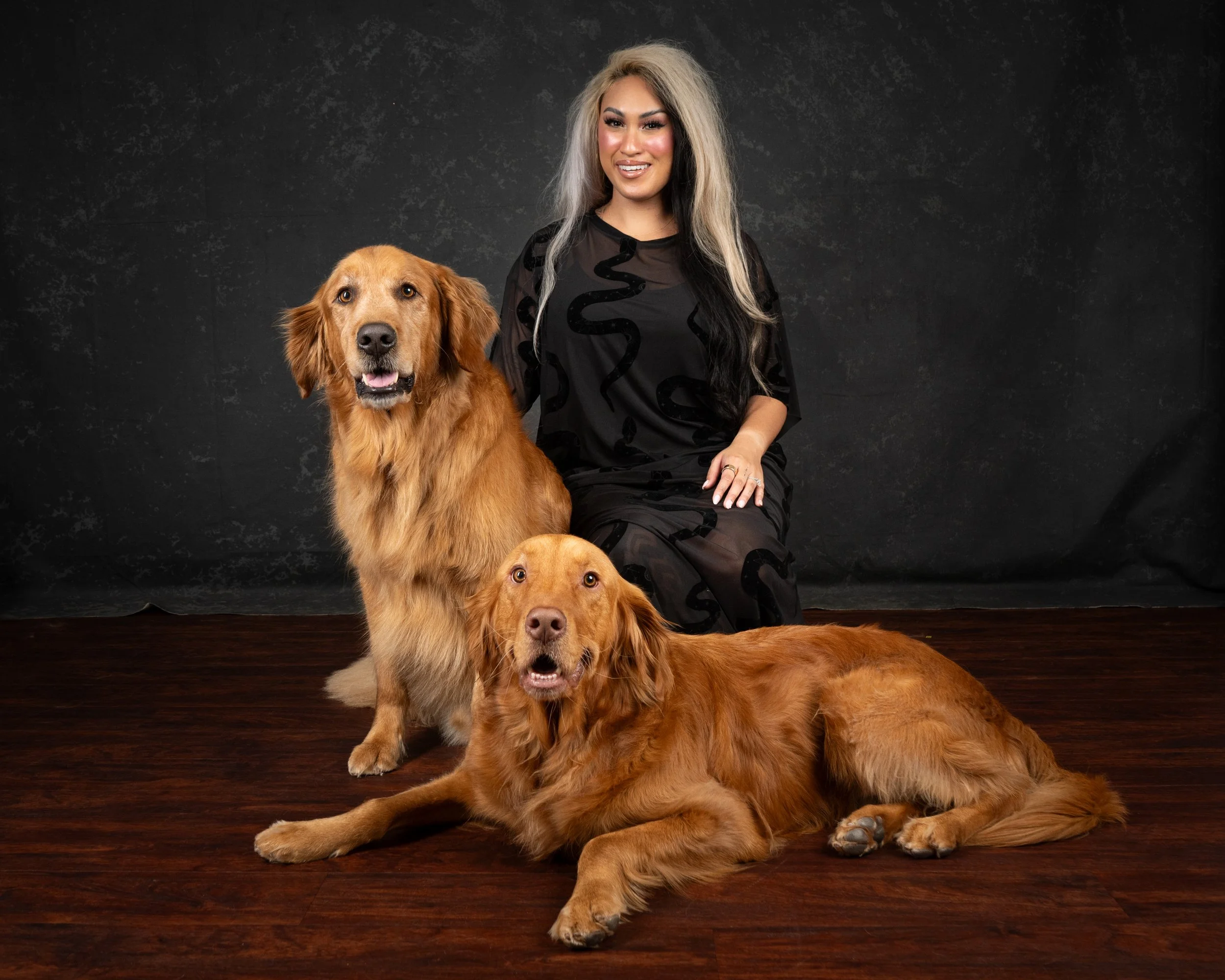 A woman with long blonde and black hair sitting on a dark wooden floor behind two large golden retriever dogs against a black background.