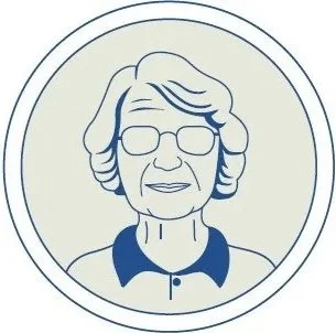 Line drawing of an elderly woman with glasses and short hair, wearing a collared shirt, inside a circular border.