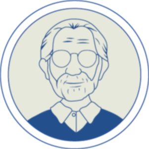 Line drawing of an elderly person with glasses, a beard, and shoulder-length hair, wearing a collared shirt.