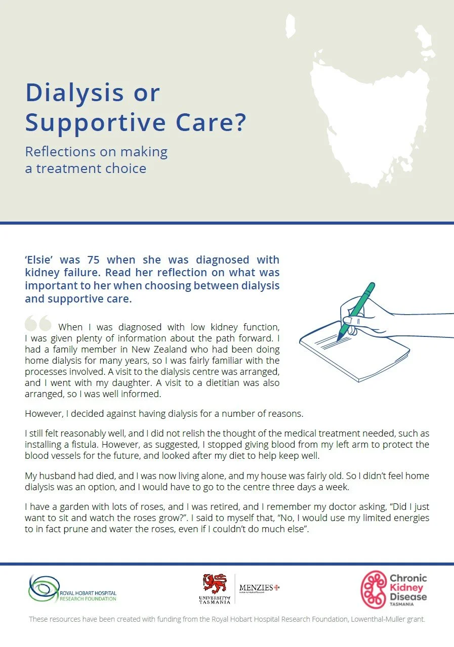 A brochure or informational page discussing dialysis versus supportive care for kidney failure, featuring an illustration of a hand holding a pen and outlining a document, with logos from Royal Hobart Hospital Research Foundation, University of Tasmania, Menzies Institute, and Chronic Kidney Disease Tasmania.