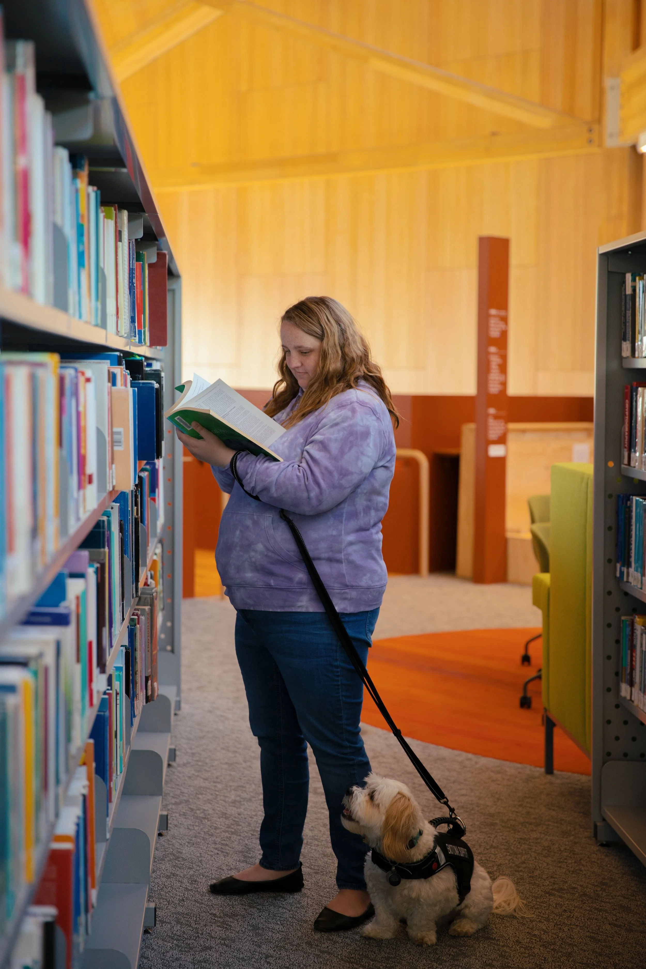A woman in a purple hoodie browsing books in a library while a service dog is sitting beside her on the floor.