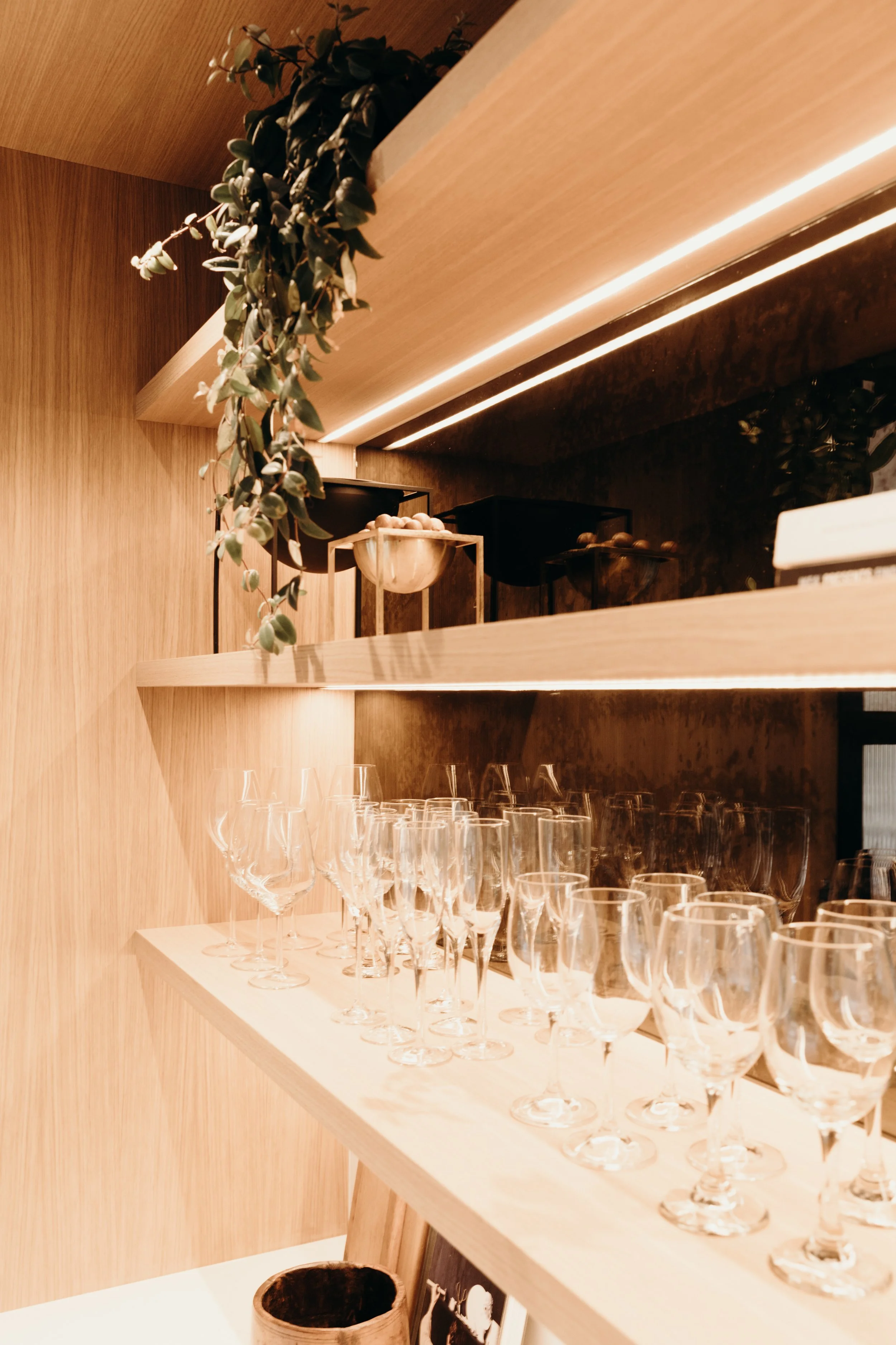 Open Shelving in American White Oak with LEDs & Smokey Mirror