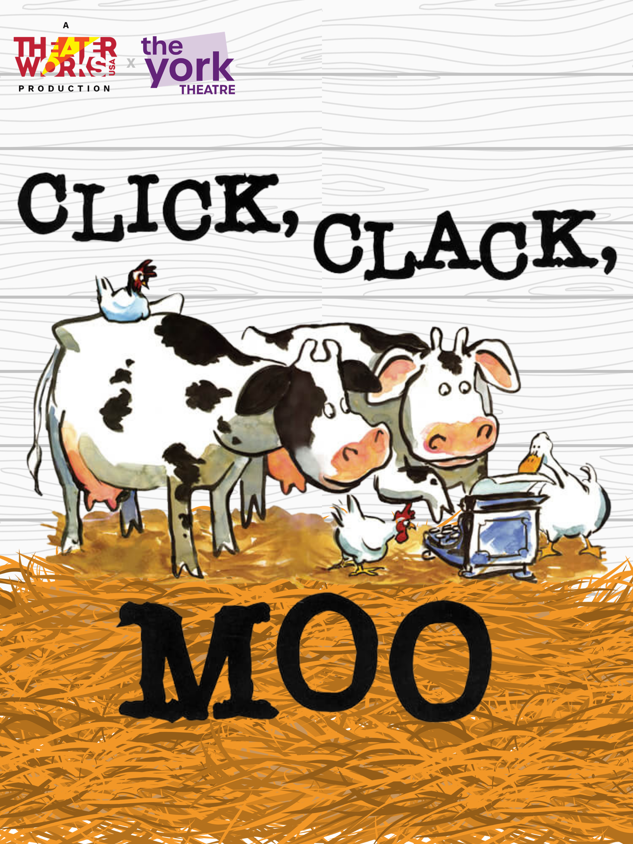 Illustration of farm animals, including cows, chickens, and ducks, with a background of hay and a large sign that reads "Moo" and a slogan with the words "Click, Clack".