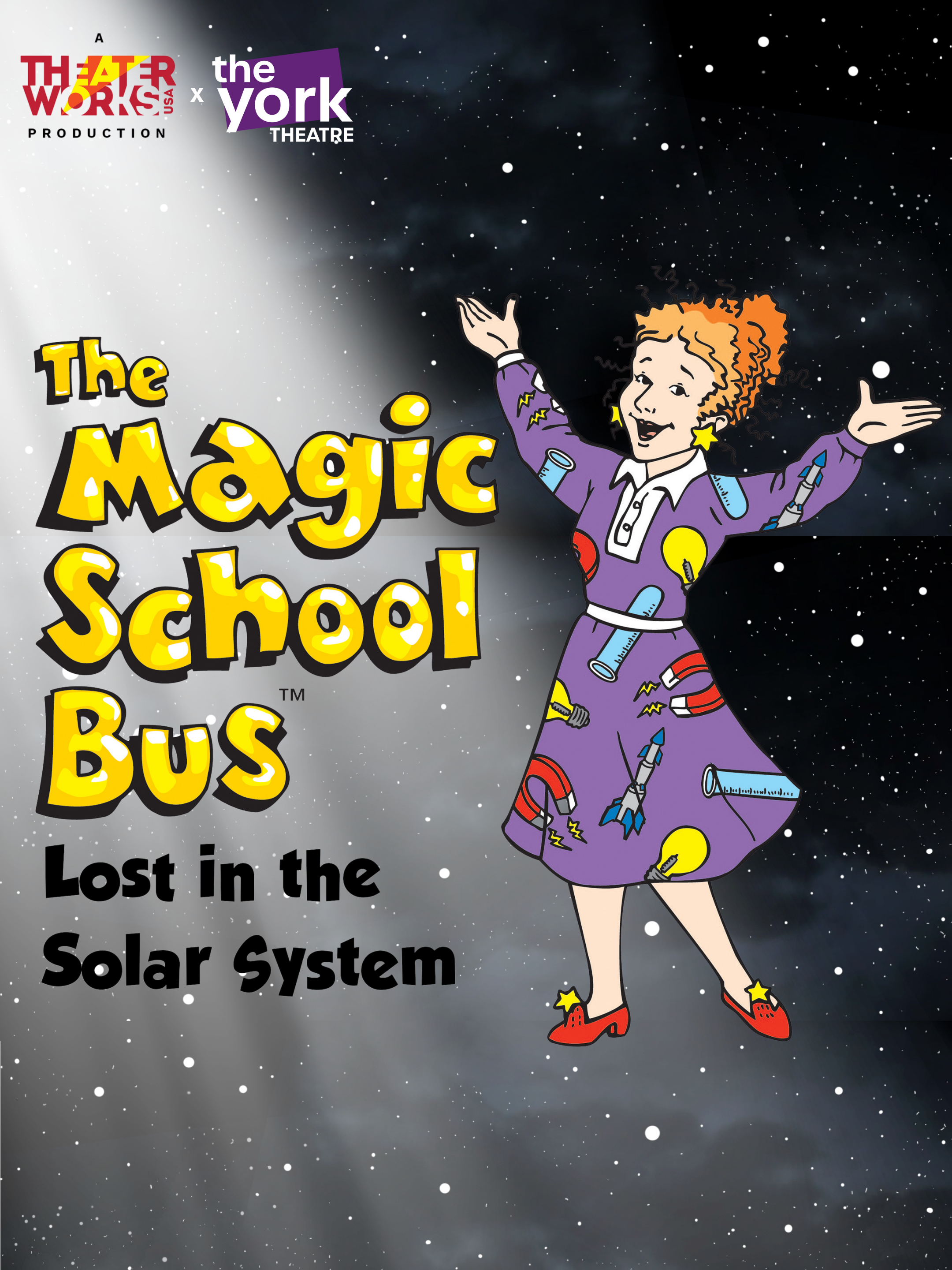 An illustrated girl with curly red hair wearing a purple dress decorated with science and space-themed icons, standing against a star-filled space background. The text on the image reads: "The Magic School Bus" and "Lost in the Solar System."
