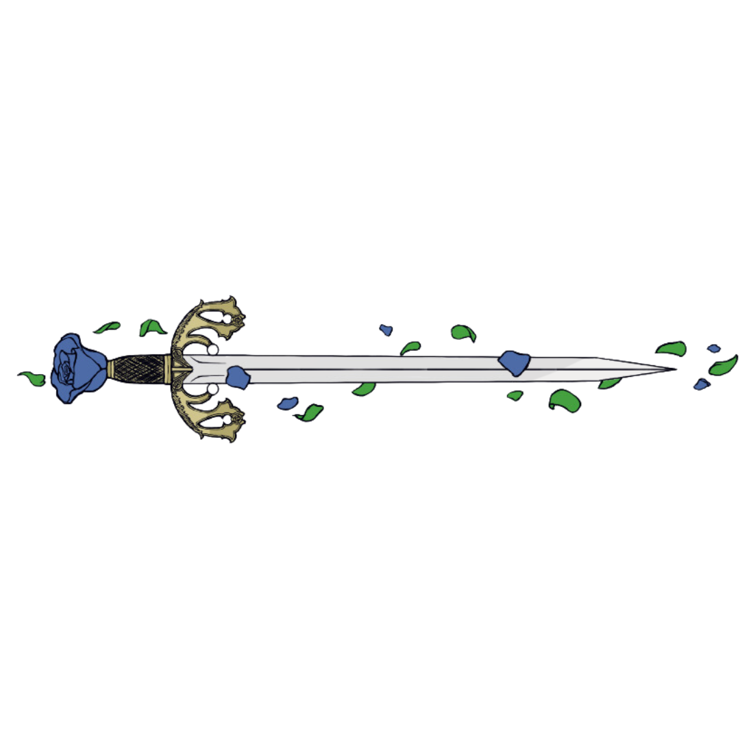 Illustration of a sword with a blue rose in the hilt and green and blue floral accents.