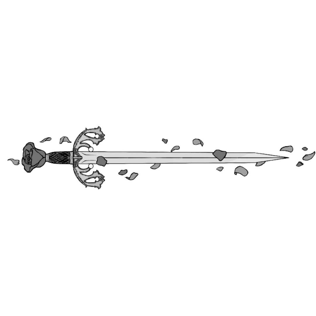A black and white illustration of a sword with a rose on the hilt, and rose petals scattered around it.