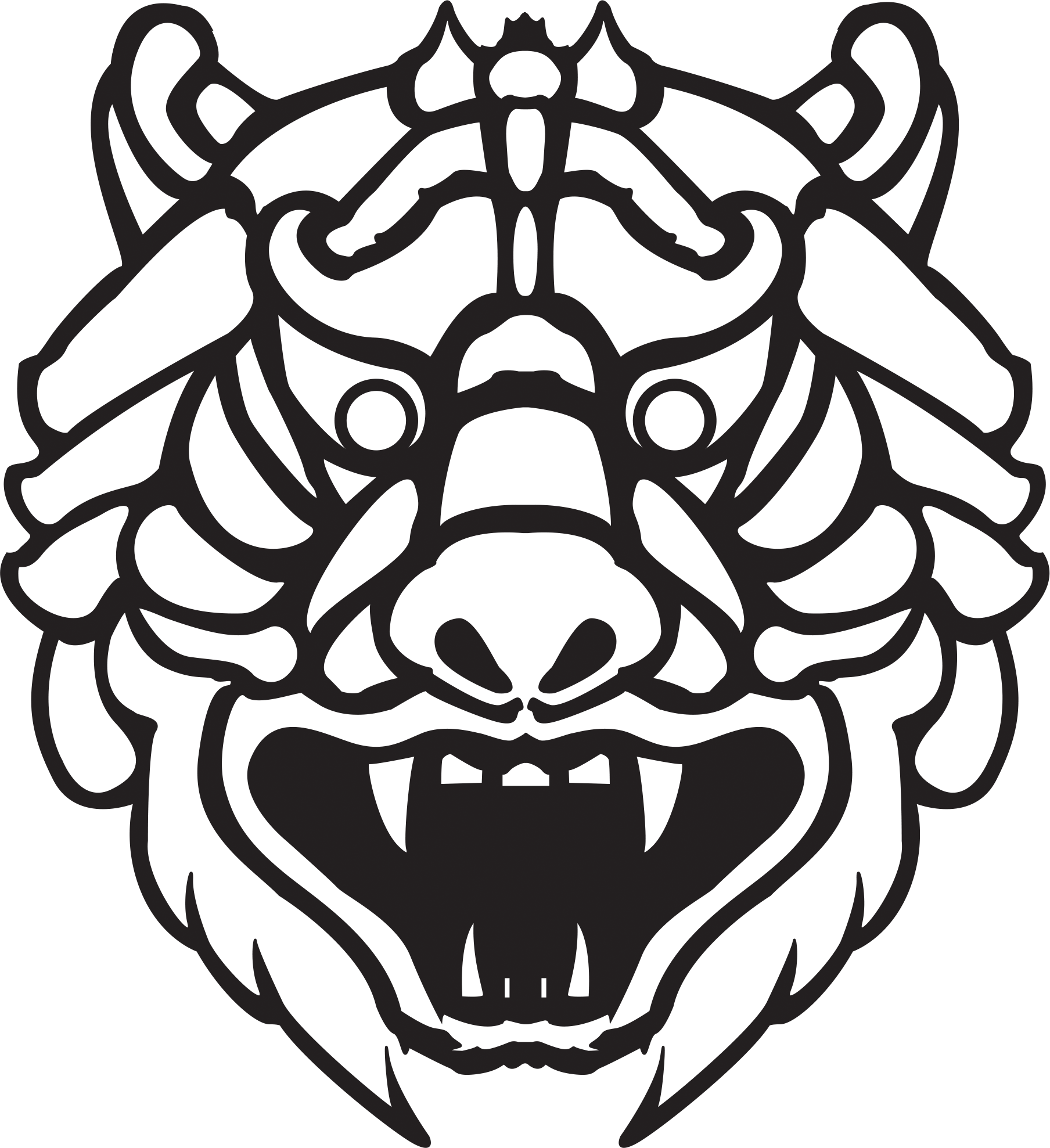 Outline of a fierce lion's face with detailed mane and open mouth showing fangs.