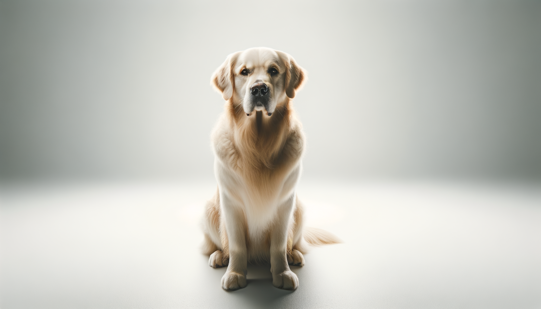 A sitting Golden Retriever with a neutral background.