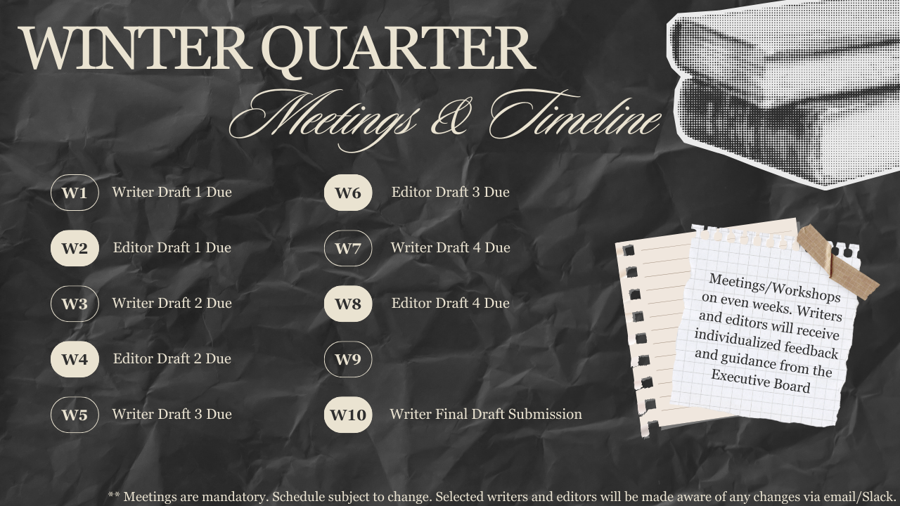 A schedule showing deadlines for drafts and submissions for the Winter Quarter meetings and timeline, with a note about meetings and feedback, on a crumpled dark background with an illustration of stacked books and a torn notebook with handwritten notes