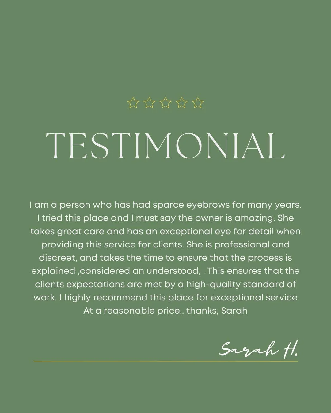 "I am a person who has had sparce eyebrows for many years. I tried this place and I must say the owner is amazing. She takes great care and has an exceptional eye for detail when providing this service for clients. She is professional and discre