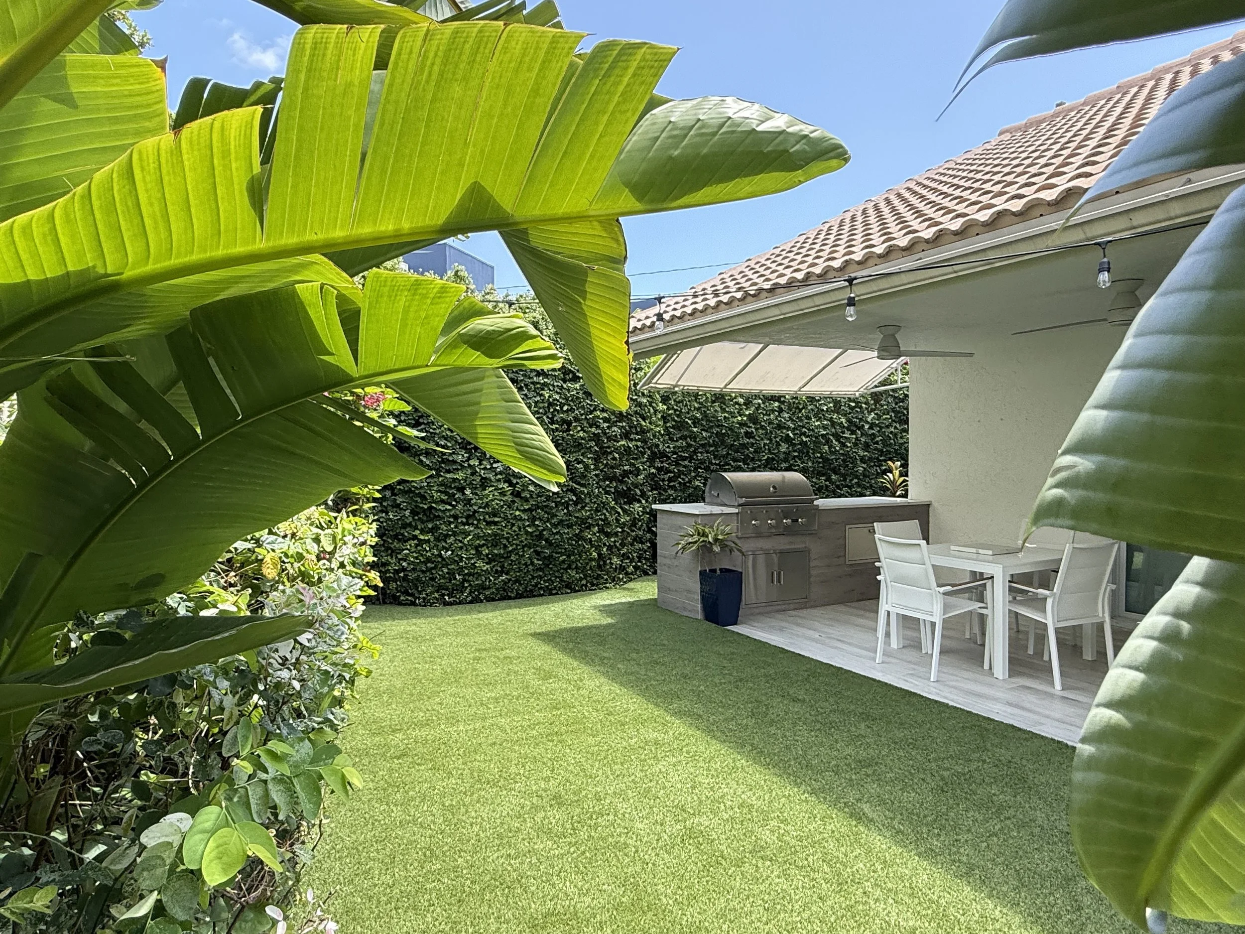Backyard patio with green grass, large tropical leaves in the foreground, a white dining table and chairs, a built-in grill, and a covered patio area with string lights and ceiling fans.