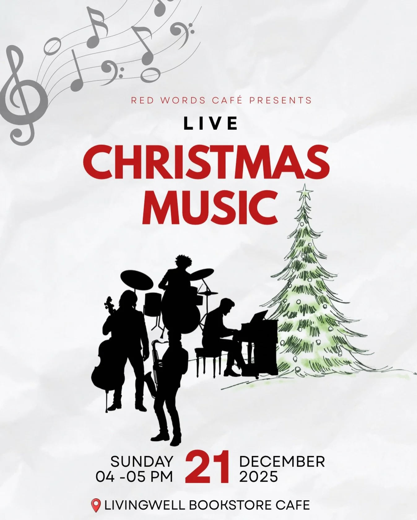 Join us Saturday, December 21 at LivingWell Bookstore for a cozy hour of live Christmas music!

🗓️ Dec 21
🕓 4:00&ndash;5:00 PM
📍 LivingWell Bookstore
🎵 Live Christmas worship + classics
☕ FREE Hot Cocoa &mdash; while supplies last!

Bring a frien