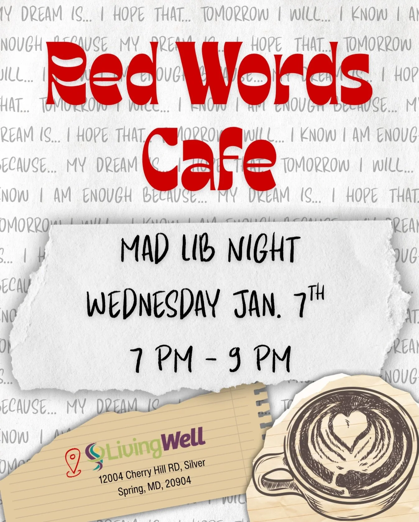 Tomorrow night we&rsquo;re trading seriousness for silliness ☕️📝
Mad Lib Night at Red Words Cafe is all about laughter, connection, and letting loose together.
Bring a friend, grab a seat, and see what happens when creativity meets community. 🙏🤍#R