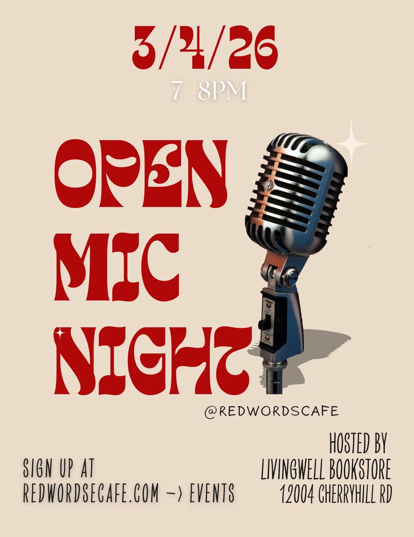 Red Words Cafe returns on March 4, 2026  and the mic is waiting for YOU.

Spoken word. Worship. Acoustic sets. Testimonies. Original pieces.
Whatever God&rsquo;s been stirring in you&hellip; this is your moment.

⚡ Only 7 performance slots available.