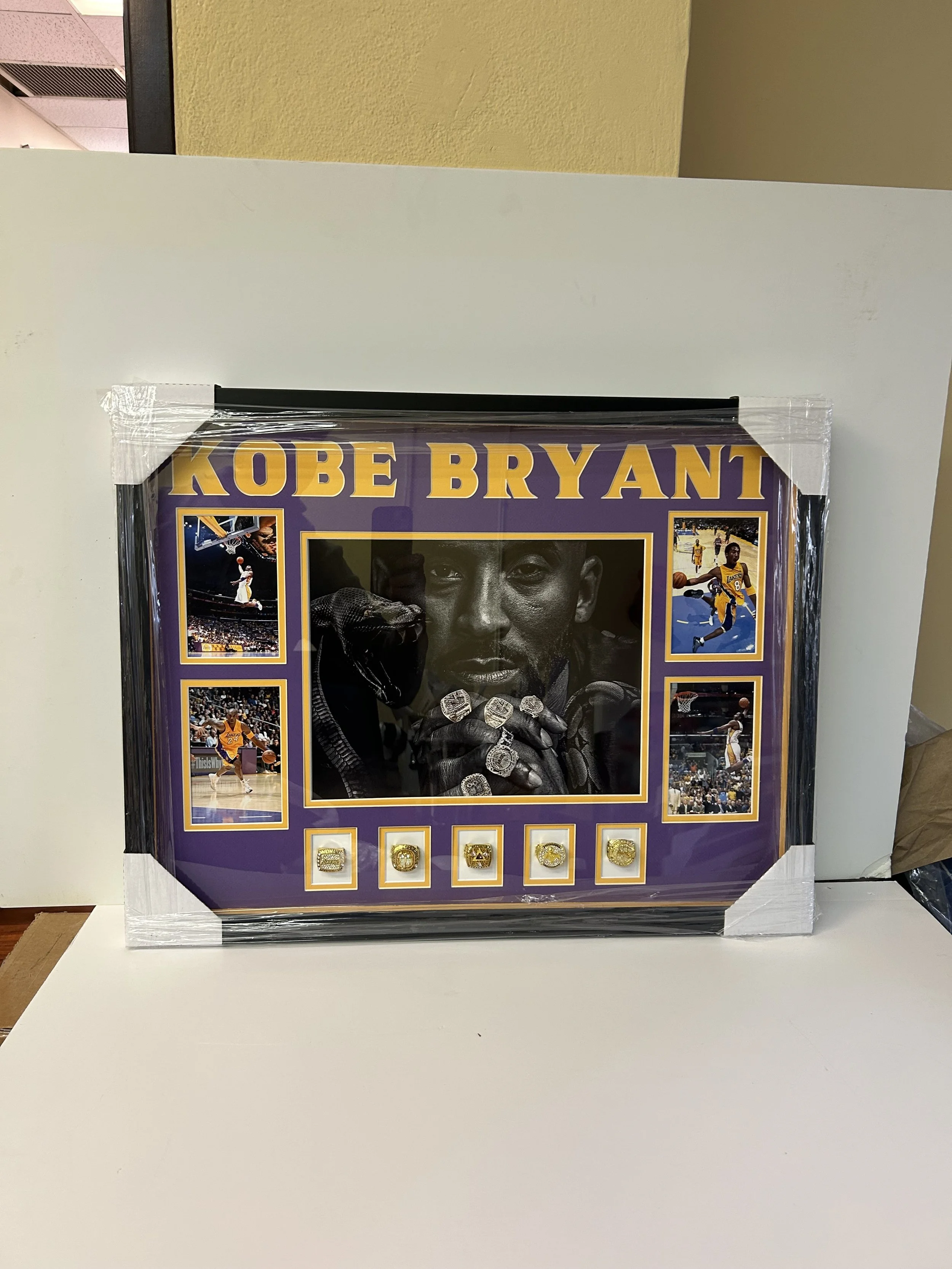Kobe Bryant Collage with Five Exact Replica NBA Finals Rings - Los Angeles Lakers
