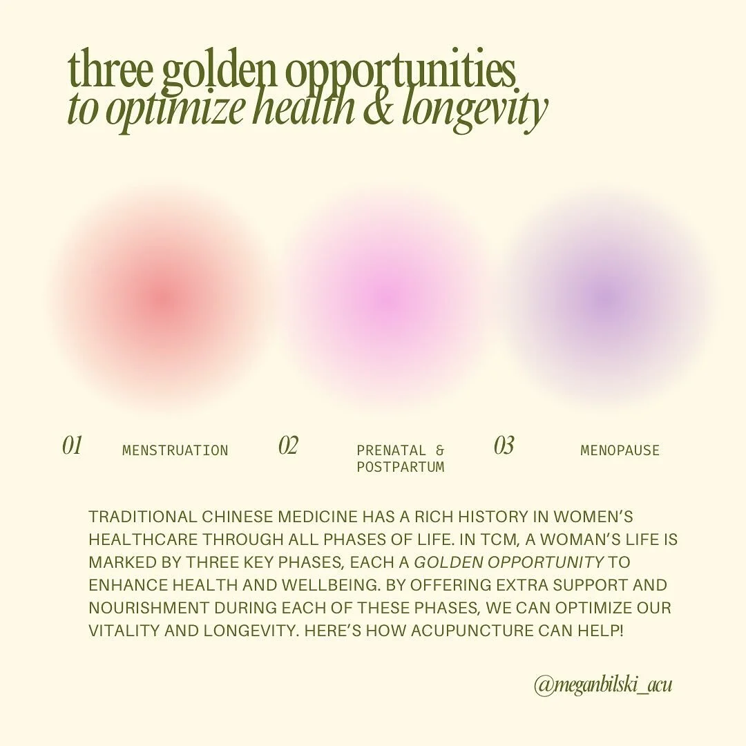 In Traditional Chinese Medicine (TCM), there are three key phases in a woman&rsquo;s life where acupuncture can deeply support health, promoting vitality &amp; longevity. These are the three golden opportunities ✨ 

Menstruation: Regulate your cycle,