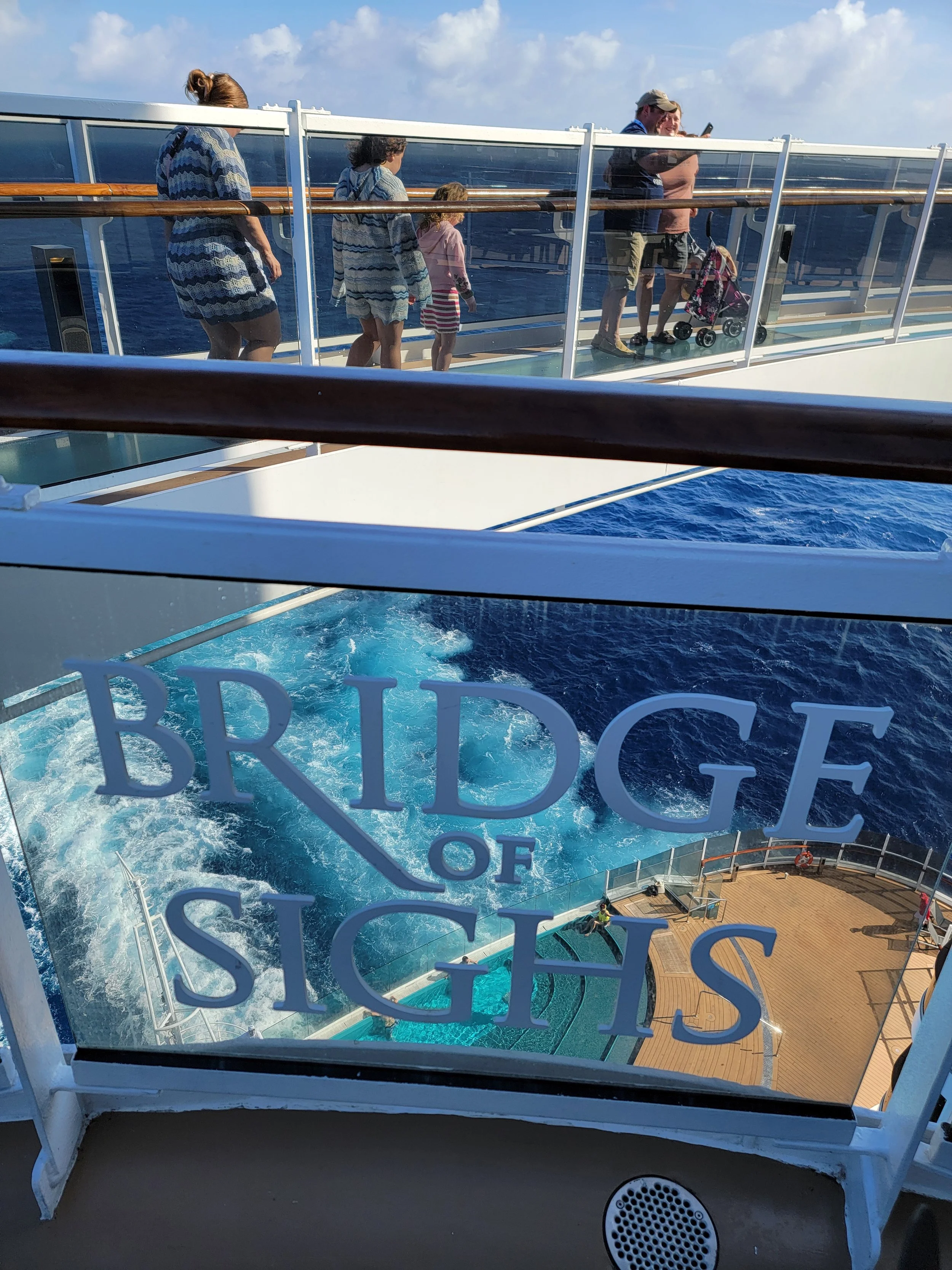 Glass bridge extending over cruise ship deck