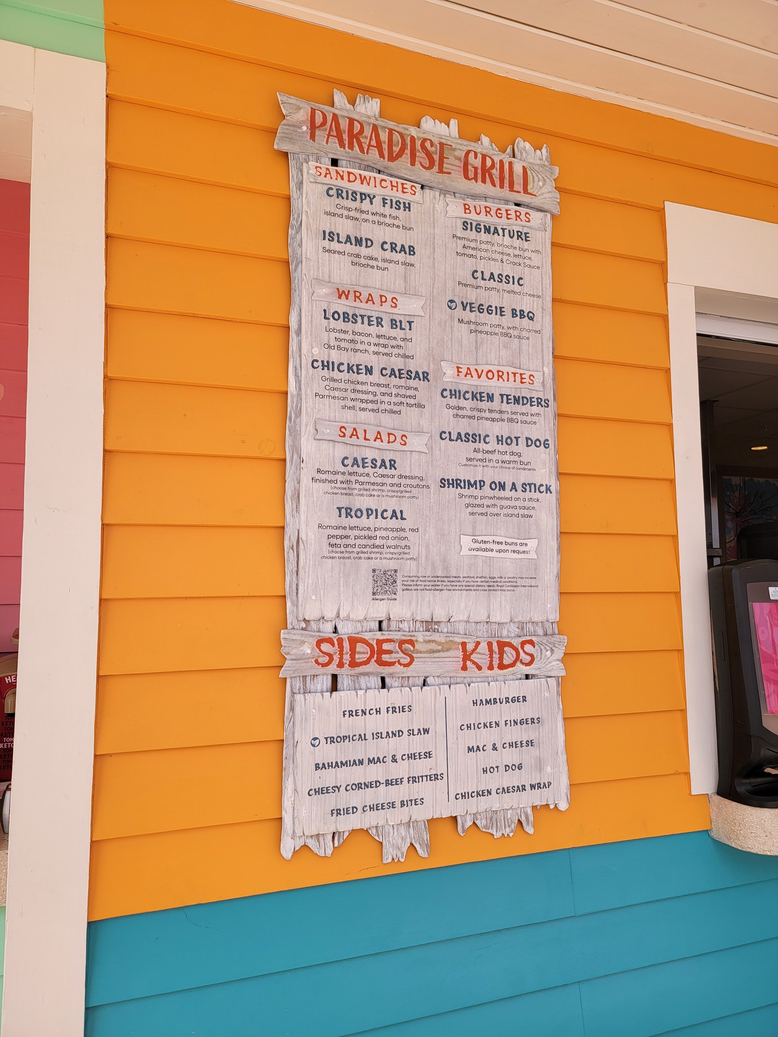 Menu board at Royal Caribbean Paradise Island Beach Club