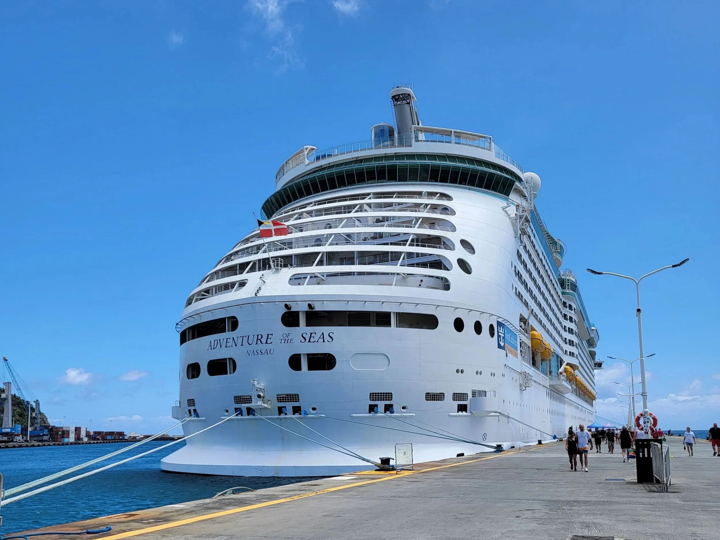 The back of the cruise ship Adventure of the Seas while docked at a Caribbean port.