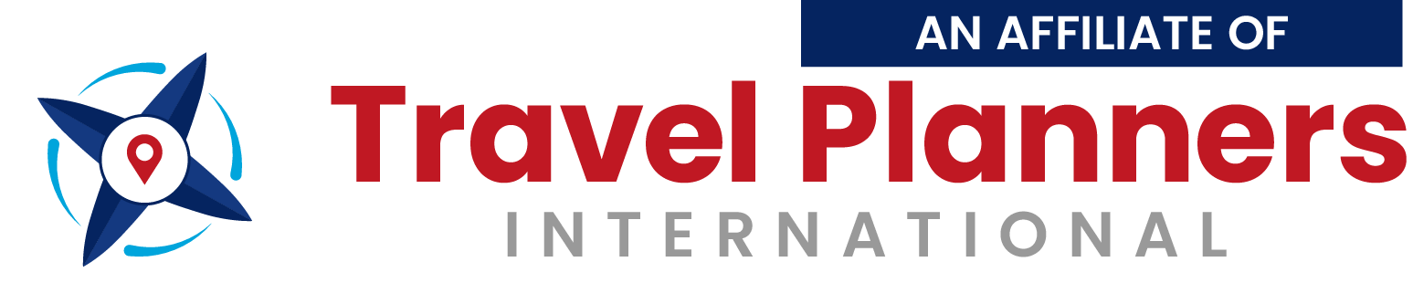Logo of Travel Planners International featuring a navy blue star with a red location pin at the center, accompanied by text indicating the company as an affiliate of Travel Planners International.