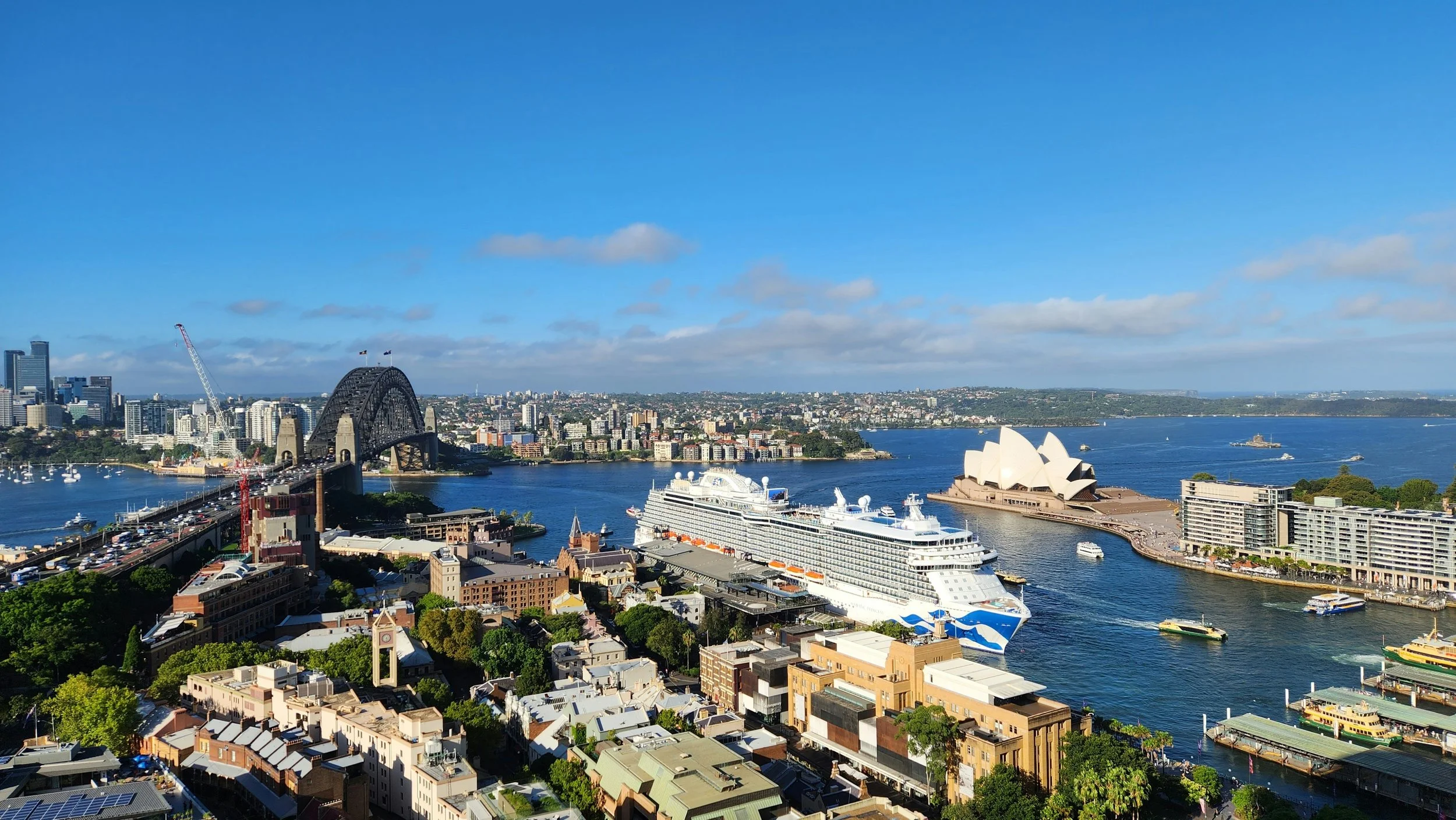 Cruise ship in Sydney Harbor with opera house in background