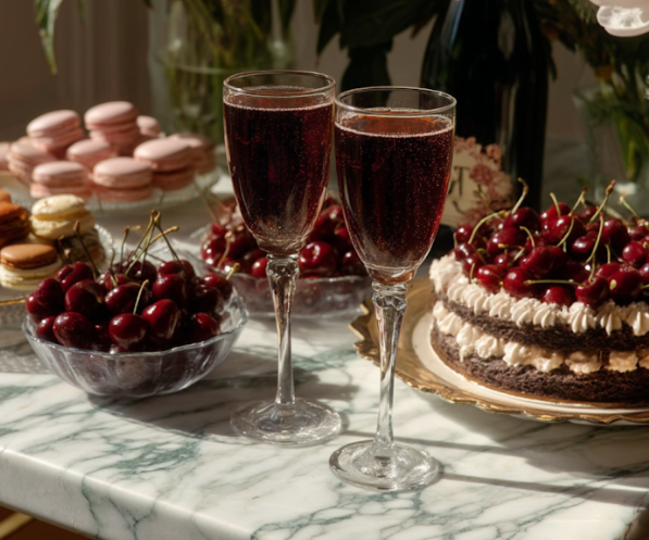 Two glasses of sparkling beverage, a bowl of cherries, a cake with white frosting and cherries, and a plate of macarons on a marble table.