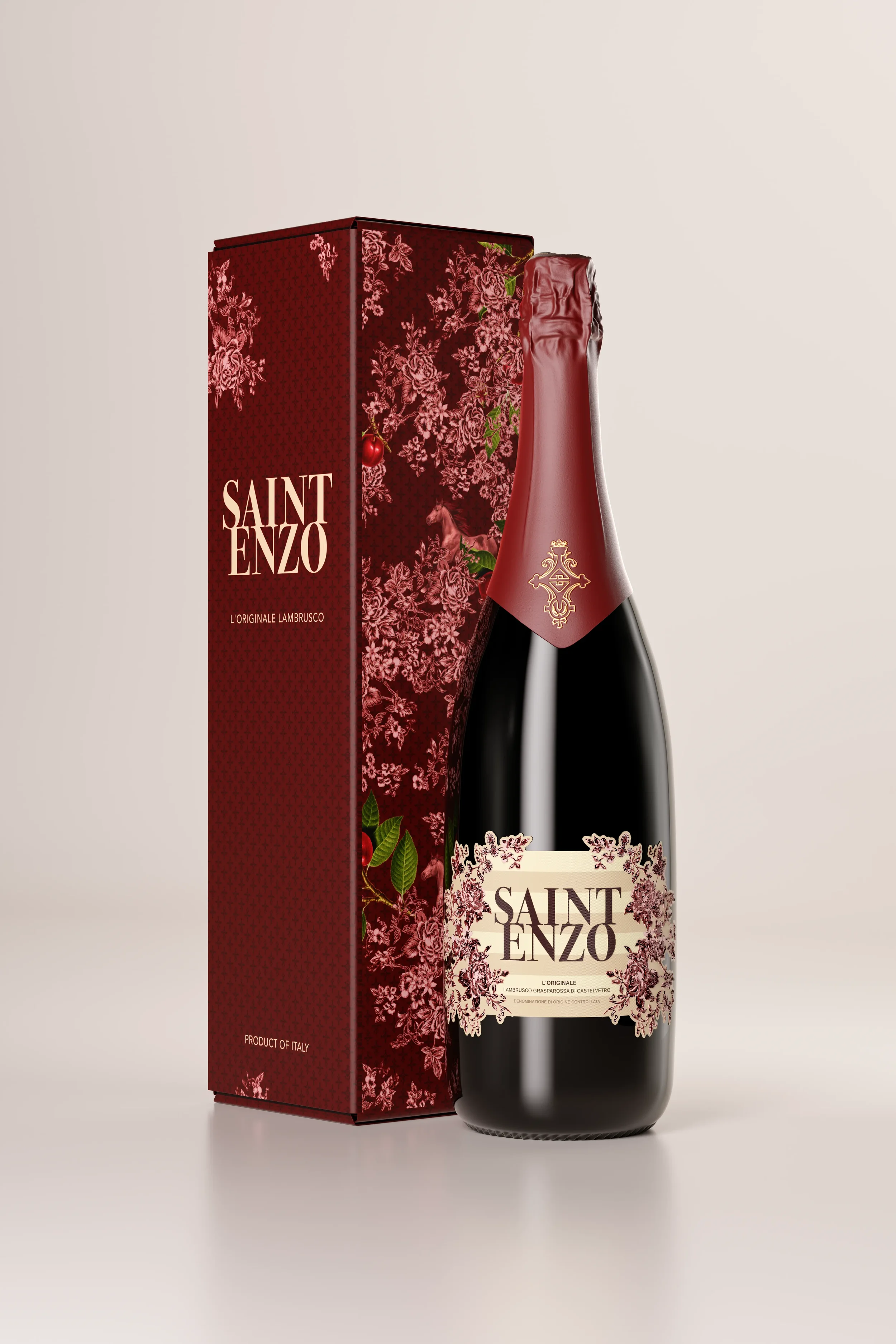 A bottle of Saint Enzo sparkling wine next to its decorated box packaging on a white background.