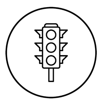 Line drawing of a traffic light with three circular lights inside a circle