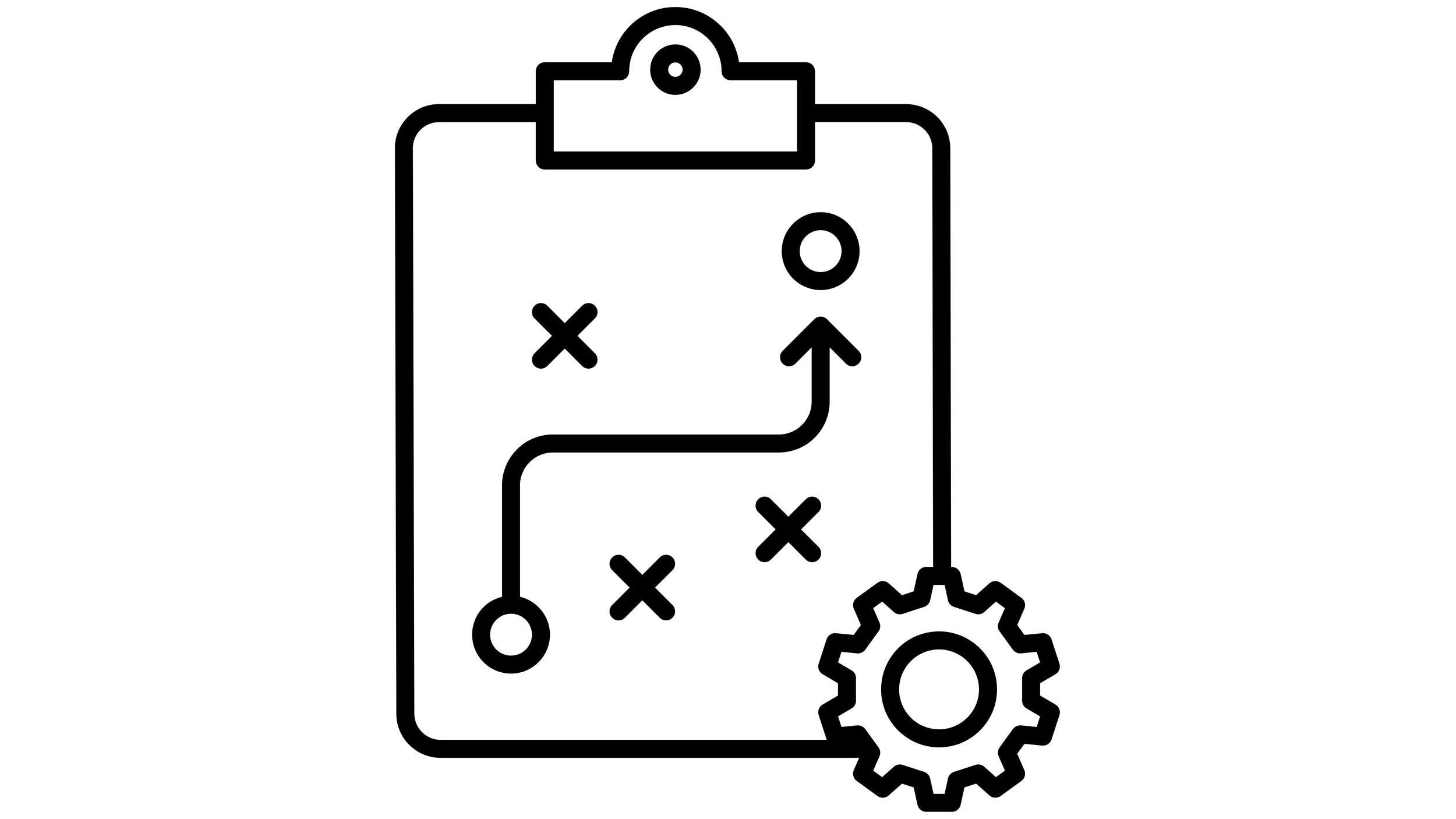 Line drawing of a clipboard with a strategy diagram including X's and O's, an arrow, and a gear symbol, representing planning or process development.