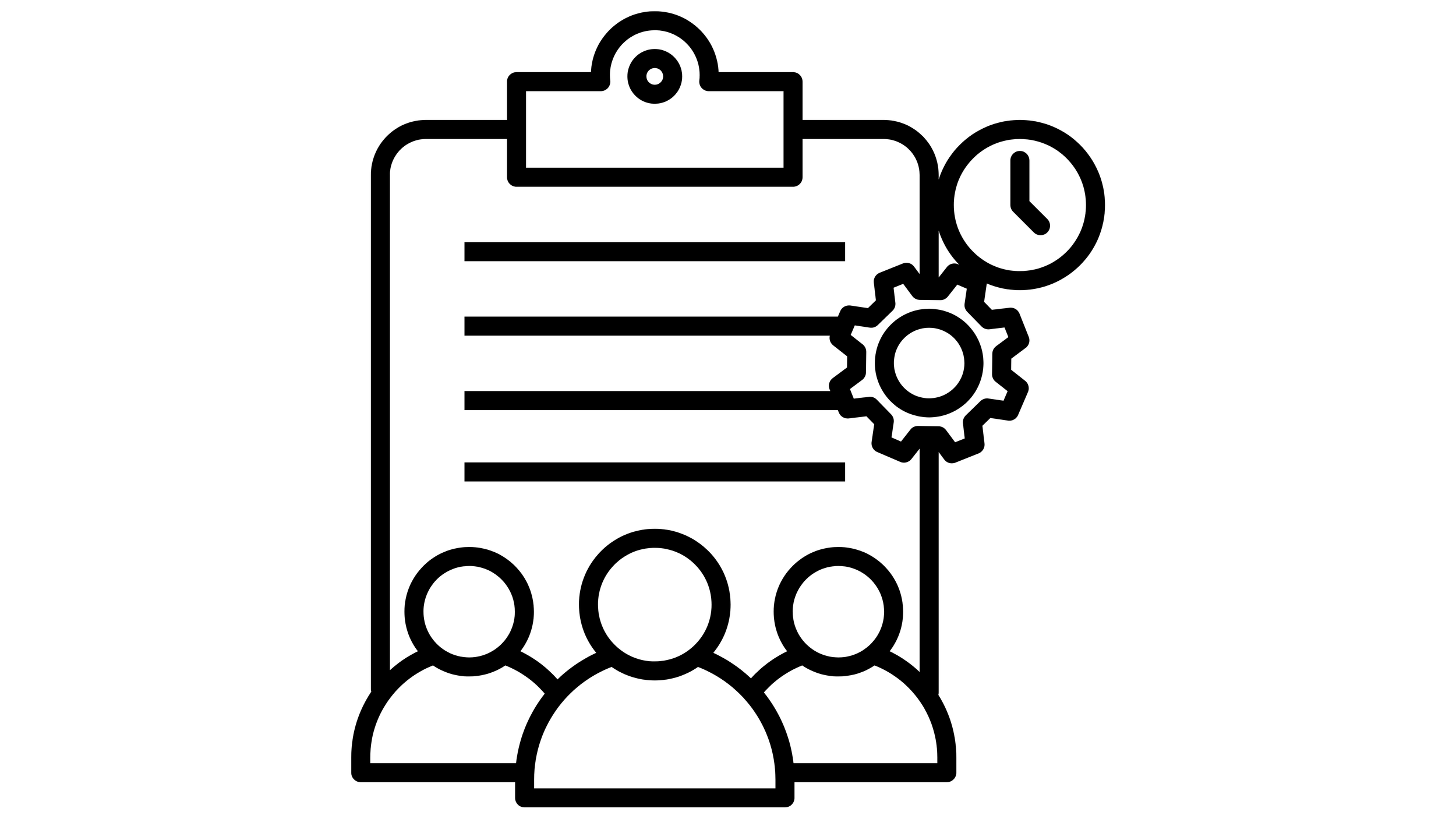 Outline icon of a team meeting or presentation with a clipboard, a clock, a gear, and three people.