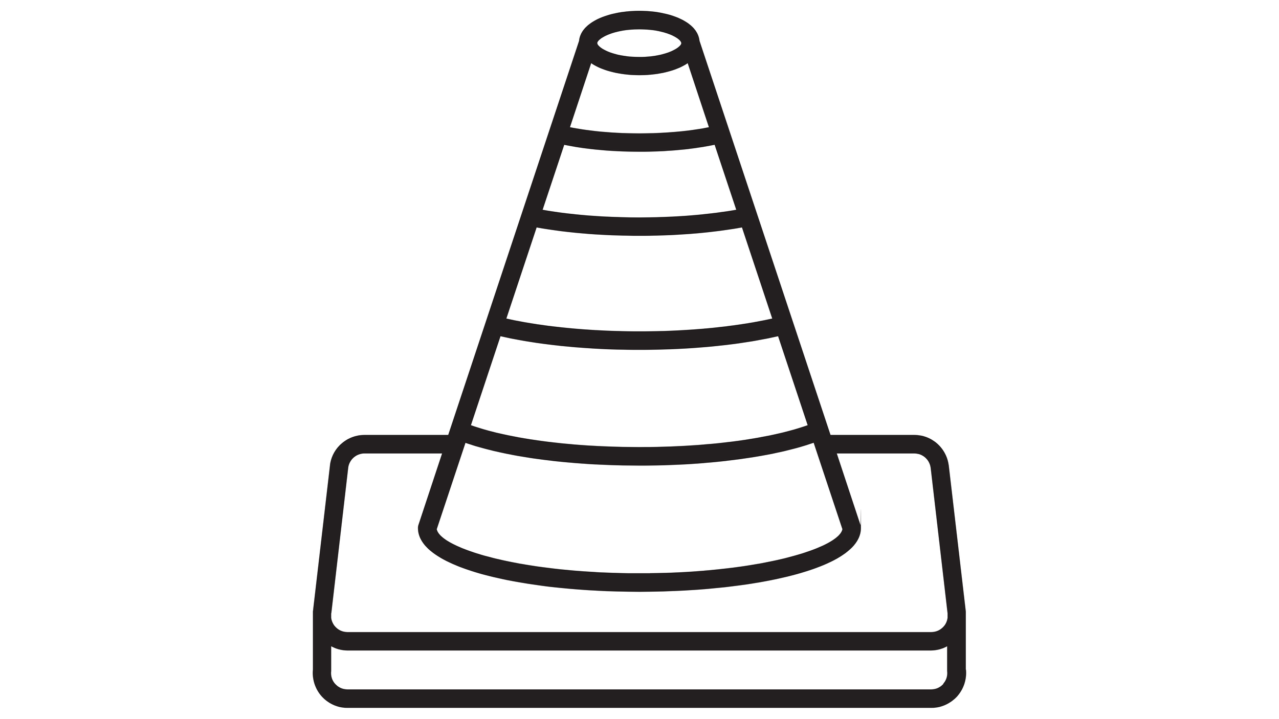 Black outline drawing of a traffic cone placed on a flat base.