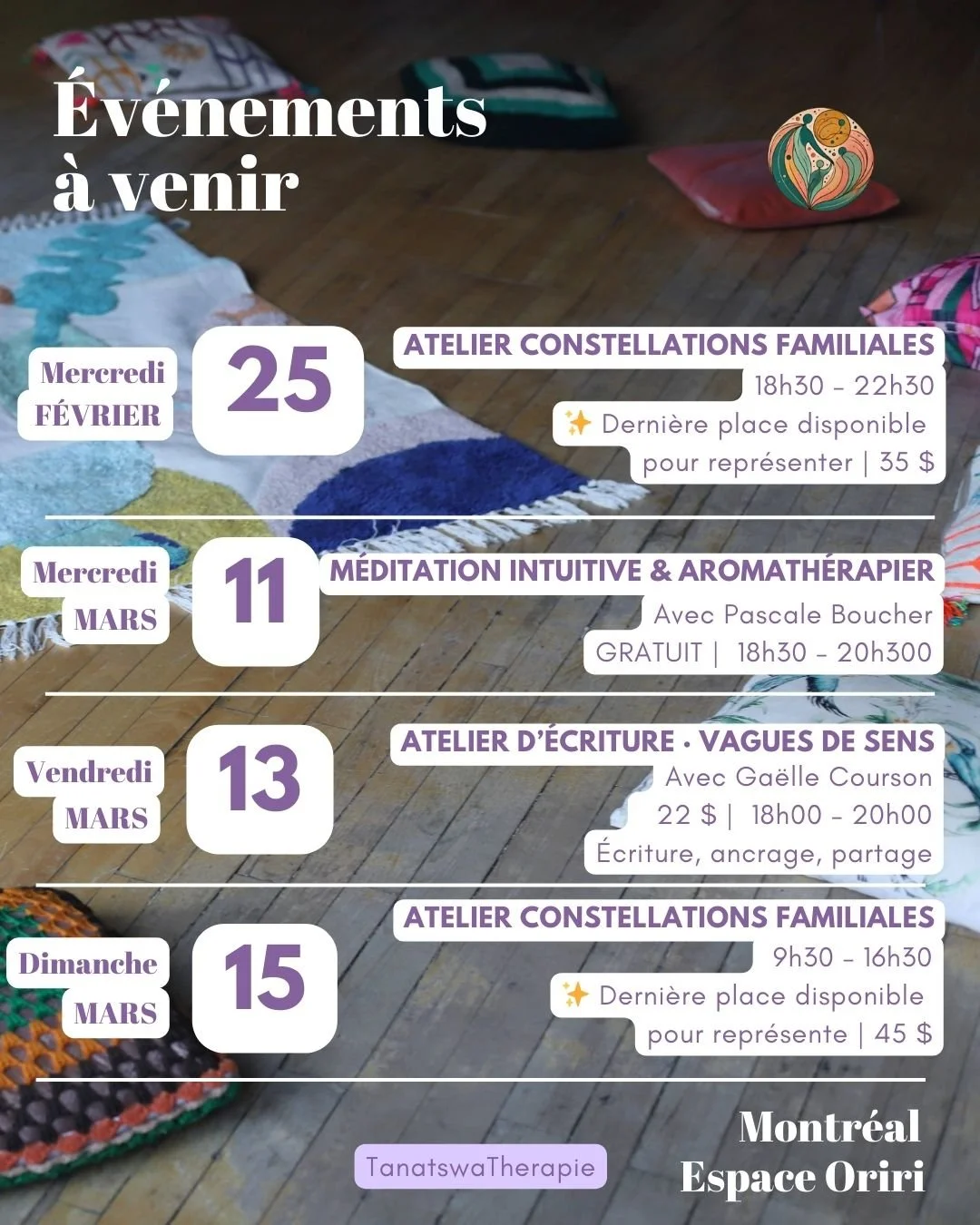 🌿 Les prochaines dates chez TanatswaTherapie 🌿

Parfois, il suffit d&rsquo;un espace sinc&egrave;repour que l&rsquo;&eacute;lan revienne,
que l&rsquo;&eacute;nergie circule librementet que la vie retrouve son mouvement naturel.

Voici les prochains