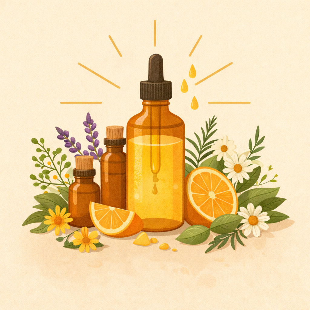 Illustration représentant le cycle naturel des plantes, incluant le soleil, la médecine naturelle, la nutrition, la méditation, et des éléments comme une plante en croissance, un citron, un mortier avec des feuilles, une bouteille de remède et un symbole de soin de santé.