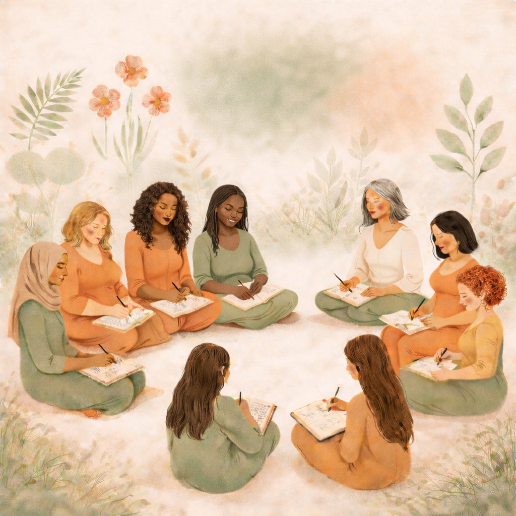 Une illustration minimaliste d'une femme en position de méditation, assise en indien, avec un fond jaune et un cercle lumineux derrière sa tête. Des spirales sont dessinées sur son cœur et sous elle.