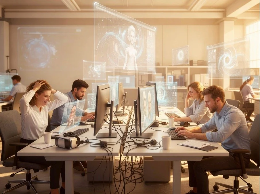 AI-generated image showing workers looking frustrated in front of computers, while semitransparent overlays of screen views float around and above the workers